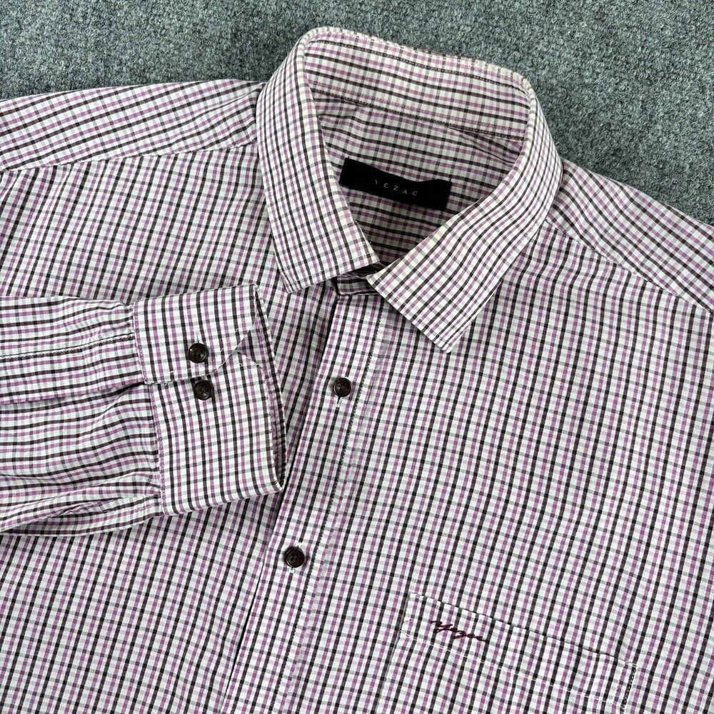 Yezac Shirt Mens 105 US L-XL Pink Purple White Check Pocket